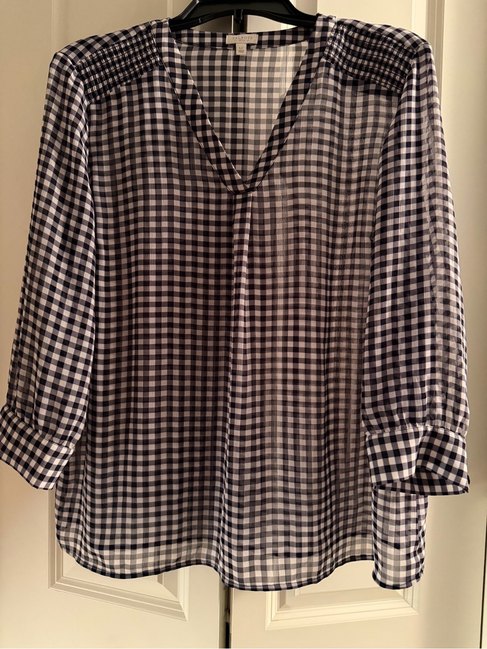 GUC Talbots sheer blue and white checker dress shirt. Split neck. Size LP.